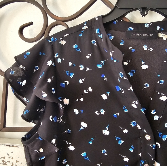 Ivanka Trump Black Floral Print  Blouse with ruffled short Sleeves - Picture 2 of 5
